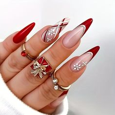 24-Piece Christmas Press-On Nails Set - Long Almond Shape, Red And White With Snowflake Designs, Glossy Finish - An Ideal Holiday Gift Women. Color Tone: Red Line,Fair Nail Shape: Almond Shaped Nail Length: Long Nail Pattern: Stripe,Holiday Elements Nail Finishes: Glossy Long Nail Art, Christmas Nails Easy, New Year's Nails