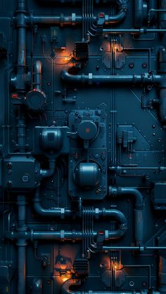 an abstract photo of pipes and piping in the dark blue hued background with lights