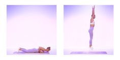 the woman is practicing her yoga moves in front of a white wall and purple background