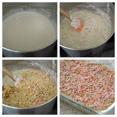 four pictures showing how to make cake batter in a pot with sprinkles