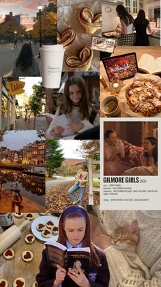 a collage of pictures with people and food in them, including an image of a woman reading a book