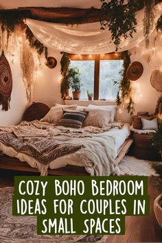 cozy boho bedroom decor ideas for couples in small spaces with lights on the ceiling