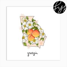 the state of georgia with white flowers and peaches on it's back side