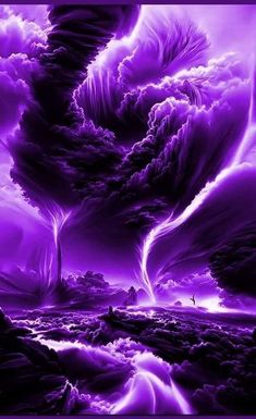 an abstract painting with purple clouds and water in the background, as if it were created from photoshopped images