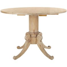 a round wooden table with four legs and a circular wood dining room table top on an isolated white background