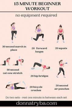 a woman doing exercises for her body and chest, with the words 15 minute beginner workout