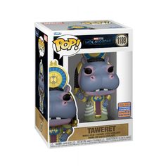 the pop vinyl figure is in a box with it's head turned to look like an egyptian god