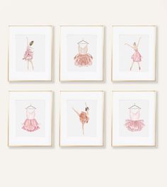 four watercolor paintings of pink ballet dresses hanging on a wall in front of a white background