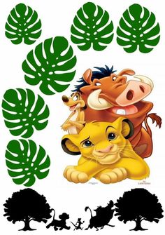 the lion king and his cubs are surrounded by green leaves