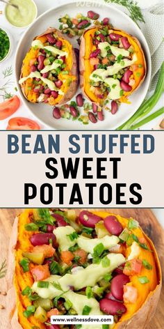 bean stuffed sweet potatoes on a cutting board with the title above it and an image of two