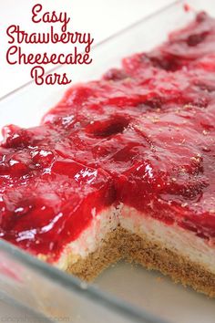 easy strawberry cheesecake bars in a glass dish