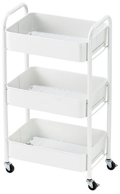 three tiered plastic utility cart with wheels and baskets on the bottom shelf, white