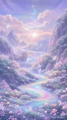 a painting of a rainbow in the sky with mountains and flowers around it, as well as a fairy tale scene