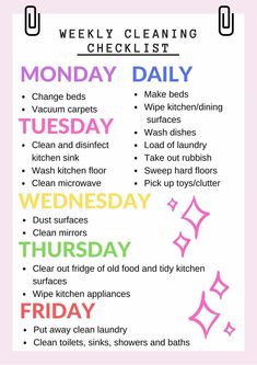 the daily cleaning checklist is shown in pink, yellow and green colors with text that reads