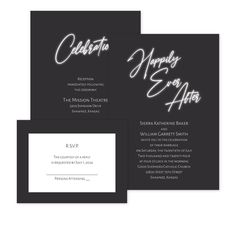 two black and white wedding cards with the word celebration written on them, both in silver ink