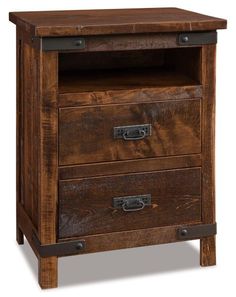 a wooden nightstand with two drawers on one side and an open drawer on the other