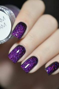 20+ INSPIRATIONAL PURPLE NAIL DESIGNS Black And Purple Sparkle Nails, Purple Glitter Christmas Nails, Short Acrylic Nails Purple Design, Purple Sparkly Nails Short, Sparkly Nails Purple, Birthday Purple Nails, Nail Designs Purple And Black, Dark Purple Short Nails, Purple And Silver Nails Designs