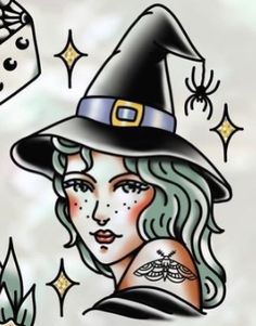 a drawing of a woman wearing a witches hat