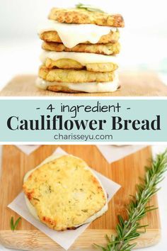 four ingredient cauliflower bread on a wooden cutting board with rosemary sprigs