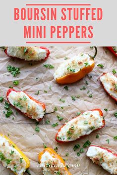 stuffed mini peppers with cheese and parsley on top, sitting on parchment paper in the background