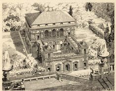 an old drawing of a large house in the middle of trees and bushes on either side of it