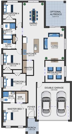 the floor plan for an apartment with two car garages and three bedroom, one living room