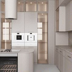 a modern kitchen with white cabinets and appliances