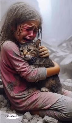 a woman holding a cat in her arms while sitting on the ground with it's eyes closed