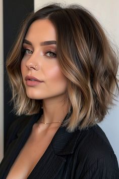 Top 50 Short Bob Hairstyles for Women in 2024 (Detailed Gallery + Video) | 50 Stunning Short Bob Hairstyles for Women Trending in 2024 | Aesthetic Women's Hairstyles & Haircut Inspo Shadow Root On Brown Hair, Bob Hair With Balayage, Short Hair Balayage Round Face, Brunette Hair Bob Mid Length, Dark Bob Balayage, Shirt Hairstyles For Thick Hair, Balayage For Dark Brown Hair Bob, Short Middle Part Haircuts Women, Short Dark Hair With Highlights Straight