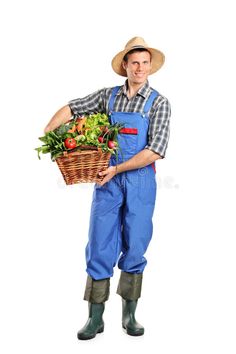 a man in overalls and hat holding a basket full of vegetables royalty images, clipping