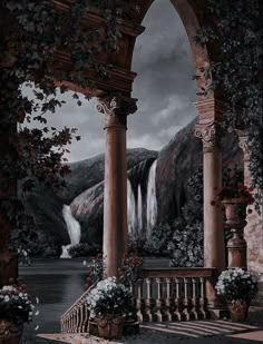 a painting of a waterfall in the distance with columns on either side and flowers at the bottom