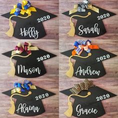 four graduation caps with bows and names on them are shown in multiple pictures, one is made out of wood