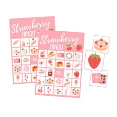 two pink calendars with pictures of cakes and strawberries on them