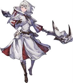 an anime character with white hair and red eyes, holding two birds in her hand