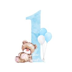 a watercolor drawing of a teddy bear and balloons with the number one on it