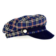 Classic and elegant blue tartan plaid sailor cap. Adorned with a ribbon of the same fabric as the visor and riveted with metallic buttons in old silver color.65 % polyester 35% linen. Cut and sewn on the bias with a quality tartan plaid fabric and finished with a very light cotton lining.The length of the visor is 4.5 centimeters.The back of the cap has a small eco-leather belt to adjust the measurement up to three centimeters less. It adapts very well to the head.For its production we use top q Navy Cotton Brimmed Hat, Navy Flat Brim Hat, Navy Visor Hat For Summer, Adjustable Sailor Style Cap, Adjustable Sailor Cap, Nautical Style Cap For Boating, Nautical Cap For Boating, Blue Flat Cap One Size, Blue Flat Cap Hat