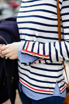 Classic navy stripe with grosgrain trim detail and button sleeve. Detail Couture, Design Darling, Lipstick Designs, Breton Stripes, Sophie Hulme, Stitch Fix Stylist, Nautical Fashion, Mode Vintage