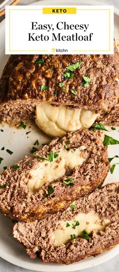 keto meatloaf on a white plate with text overlay that reads easy, cheesy keto meatloaf