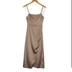 Nwt Zara Midi Dress Sz Xs Golden Taupe Color Satin Material Midi Length Straight Neckline Embellished Jewel Straps Wrap Style Slit Front Zip Close In Back Brand New W Tags Attached Minor Pull Shown By Slit Sexy Formal Dressy Zara Midi Dress, Slip Midi Dress, Rayon Pants, Straight Neckline, Jelly Shoes, Satin Slip, Taupe Color, Satin Material, Pajama Shirt