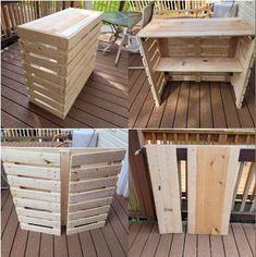 four different pictures of wooden pallets on a deck