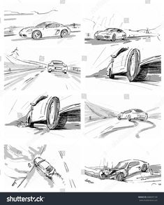 four different views of cars driving on the road, sketched in black and white