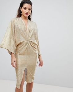 Flounce London Wrap Front Kimono Midi Dress in Gold Gold Wrap Dress, 70s Fashion Disco, Kimono Mini Dress, Sequin Bodycon Dress, Mini Cami Dress