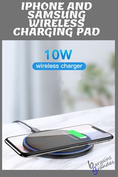 an iphone and samsung wireless charging pad on a table with the text, 10w wireless charger