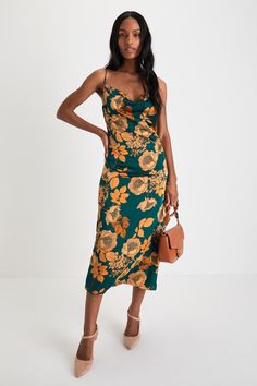 Make the most of any elegant evening by wearing a sensational look like the Lulus Favorite Icon Green Floral Satin Cowl Neck Slip Midi Dress! Luxe woven satin boasts a unique, vintage-inspired floral print throughout as it shapes a sleeveless bodice with a draping cowl neckline and adjustable spaghetti straps. The sexy, slip-style silhouette will effortlessly flatter your figure as it continues down to a sophisticated midi hem. Hidden back zipper/clasp. Fit: This garment fits true to size. Lengt Floral Satin Dress, Midi Dress Floral, Hawaii Dress, Slip Midi Dress, Casual Formal Dresses, Fall Wedding Guest Dress, Lulu Fashion, Bridal Party Dresses, Adhesive Bra