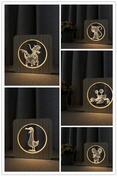 four different images of a light up clock with an elephant and giraffe on it