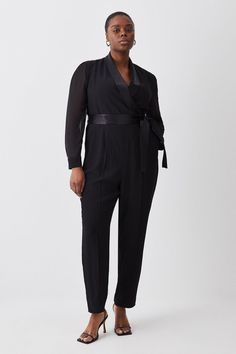 Designed With An Emphasis On Silhouette, This Collection Of Women'S Jumpsuits By Karen Millen Includes All In One Outfits Made To Accentuate The Curves. From Silk To Satin, Leather To Lace, These Premium Jumpsuits Are Carefully Curated To Flatter All Figures And Balance Out The Hips. Opt For A Charming Bardot Wide-Leg Jumpsuit, Or Embrace The Flare With A '70S-Inspired Number: A Particular Favorite For Those Who Are Looking To Balance Their Silhouette. Ideal For Party Season, These Jumpsuits Com Tuxedo Jumpsuit, Plus Size Looks, Wrap Jumpsuit, Mother Of The Bride Outfit, Jumpsuit Black, Plus Size Jumpsuit, 70s Inspired, Karen Millen, Sheer Sleeves