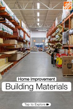 the inside of a warehouse with shelves and boxes in it that says home improvement building materials