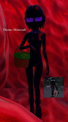 an animated image of a woman holding a basket in front of a red background with the words themor minecraft on it