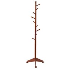 a wooden coat rack with three coats on it's sides and two hooks attached to the