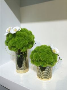 two vases with grass and flowers in them